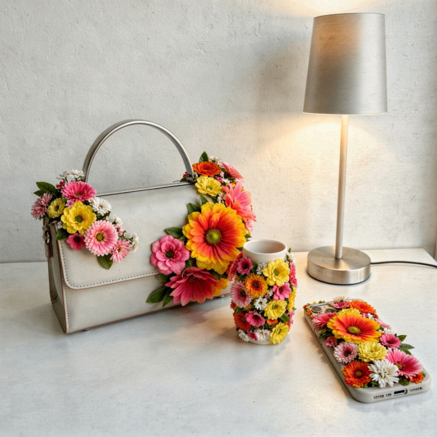 Sac, vase et coque ornés de fleurs